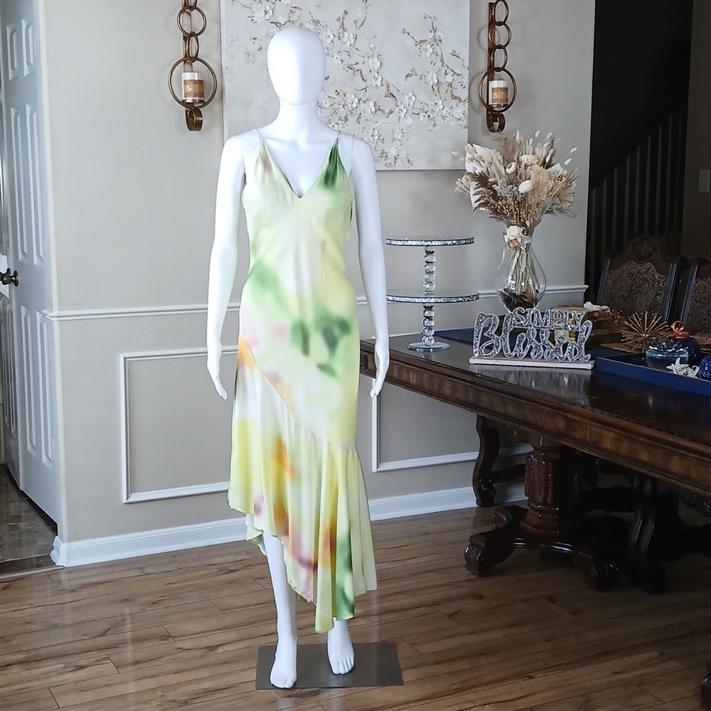 Women's Slip Midi Dress In Soft Pastel Watercolor V-neck Asymmetrical Ruffle Hem